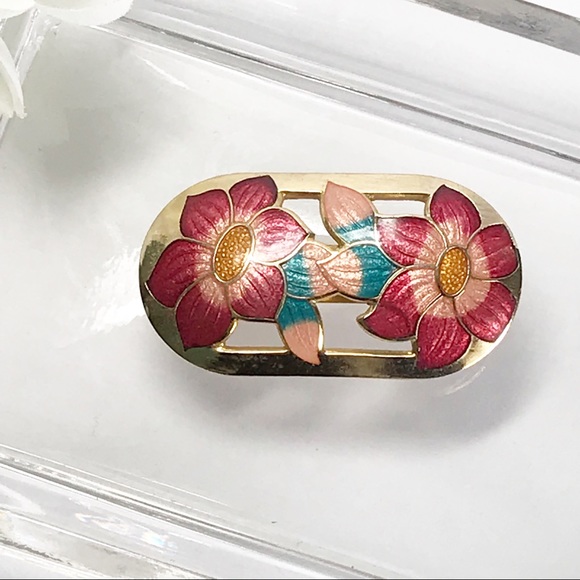 Accessories - Vintage Enameled Flower Barrette Gold Red Peach Teal